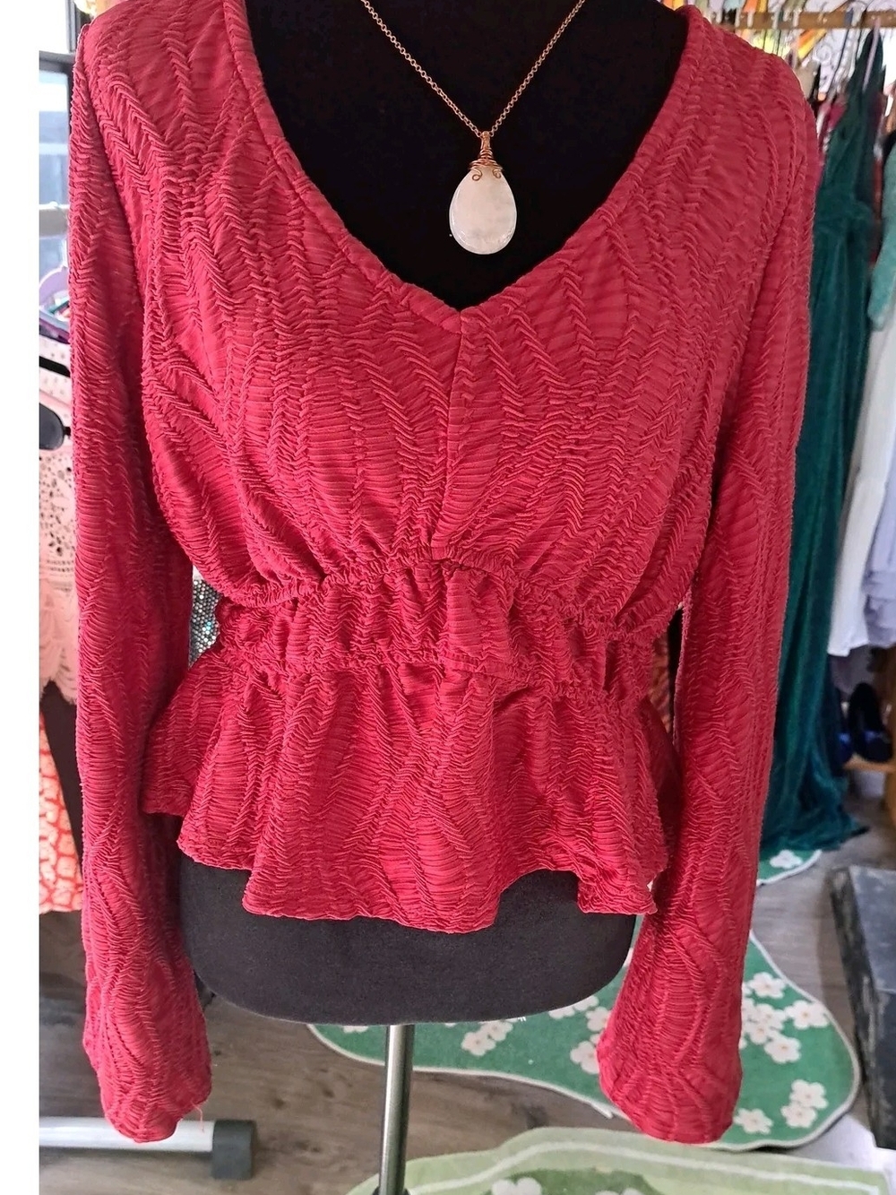 Crimson Fairy Tea Party Textured Peplum Blouse – Willow & Root Size Large